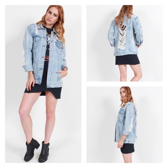 BOOM BOOM JEANS Destroyed Distressed Denim Jacket L - Picture 16 of 16